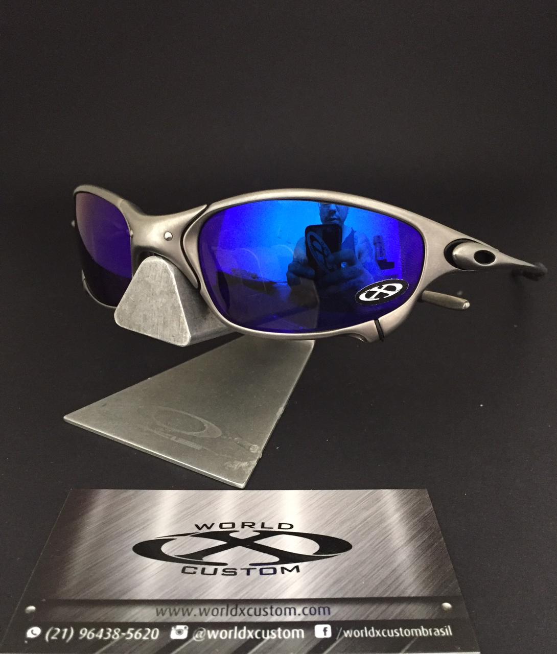 ÓCULOS OAKLEY JULIET TITANIO – LENTES NEON BLUE  (SEMINOVO) –  LENTES CUSTOM